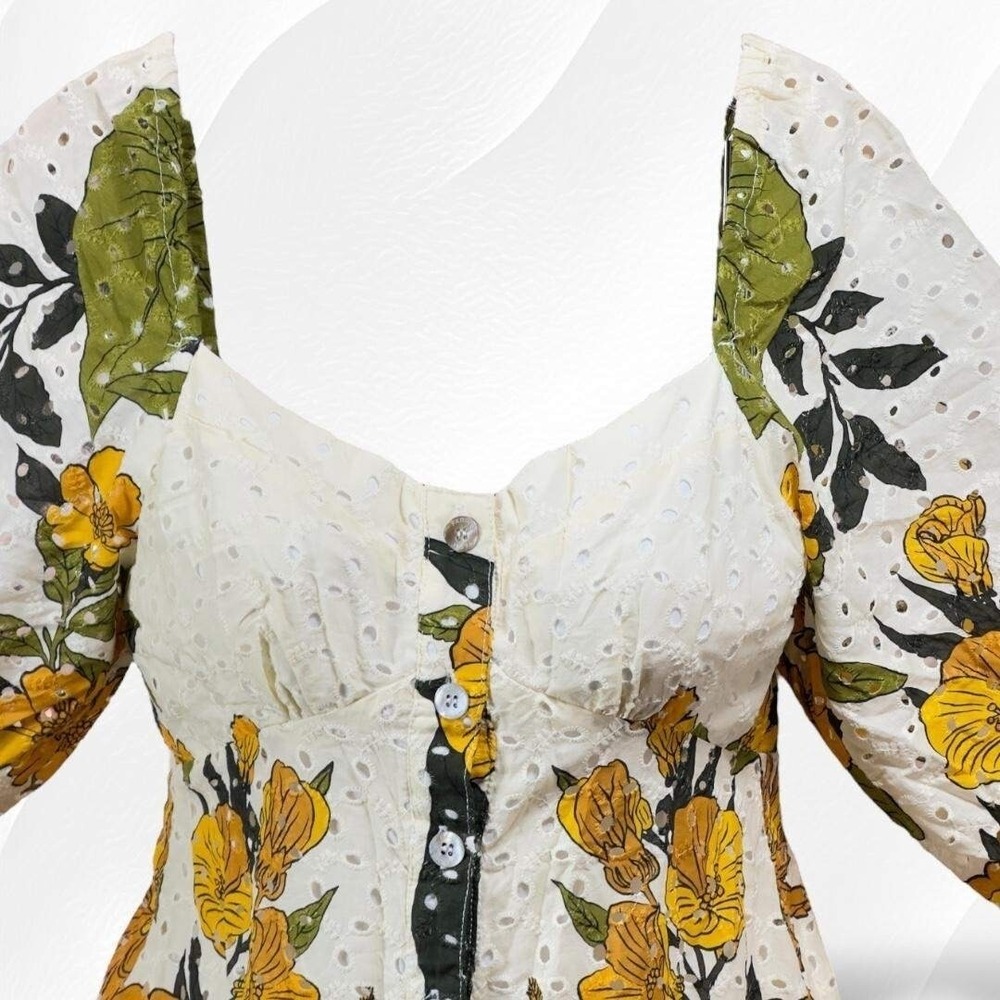 Farm Rio Maxi Dress Womens Small Quiet Garden Floral Eyelet Puff Sleeve Summer - Picture 4 of 10